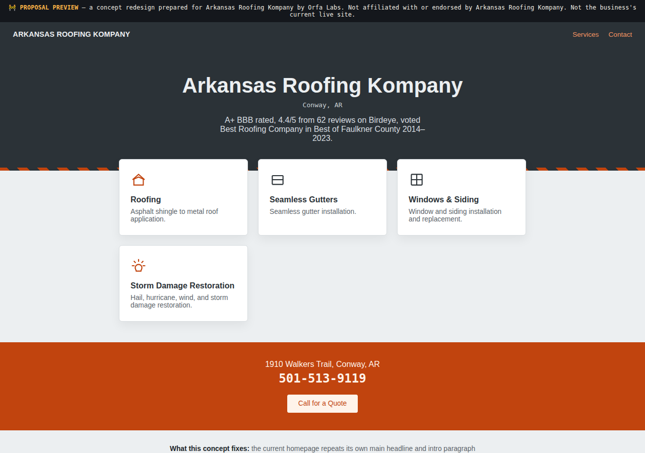 Arkansas Roofing Kompany Orfa Labs concept redesign screenshot