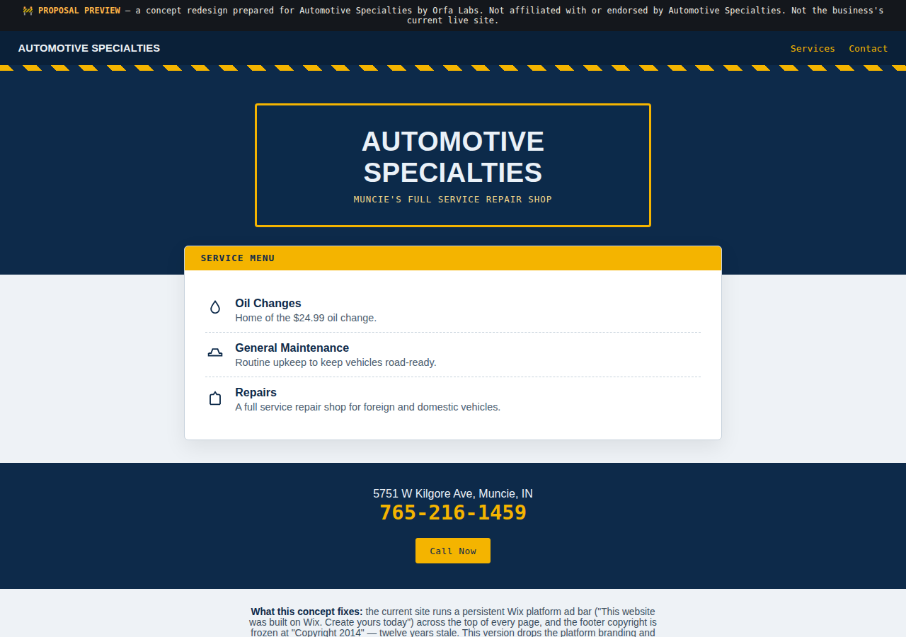 Automotive Specialties Orfa Labs concept redesign screenshot
