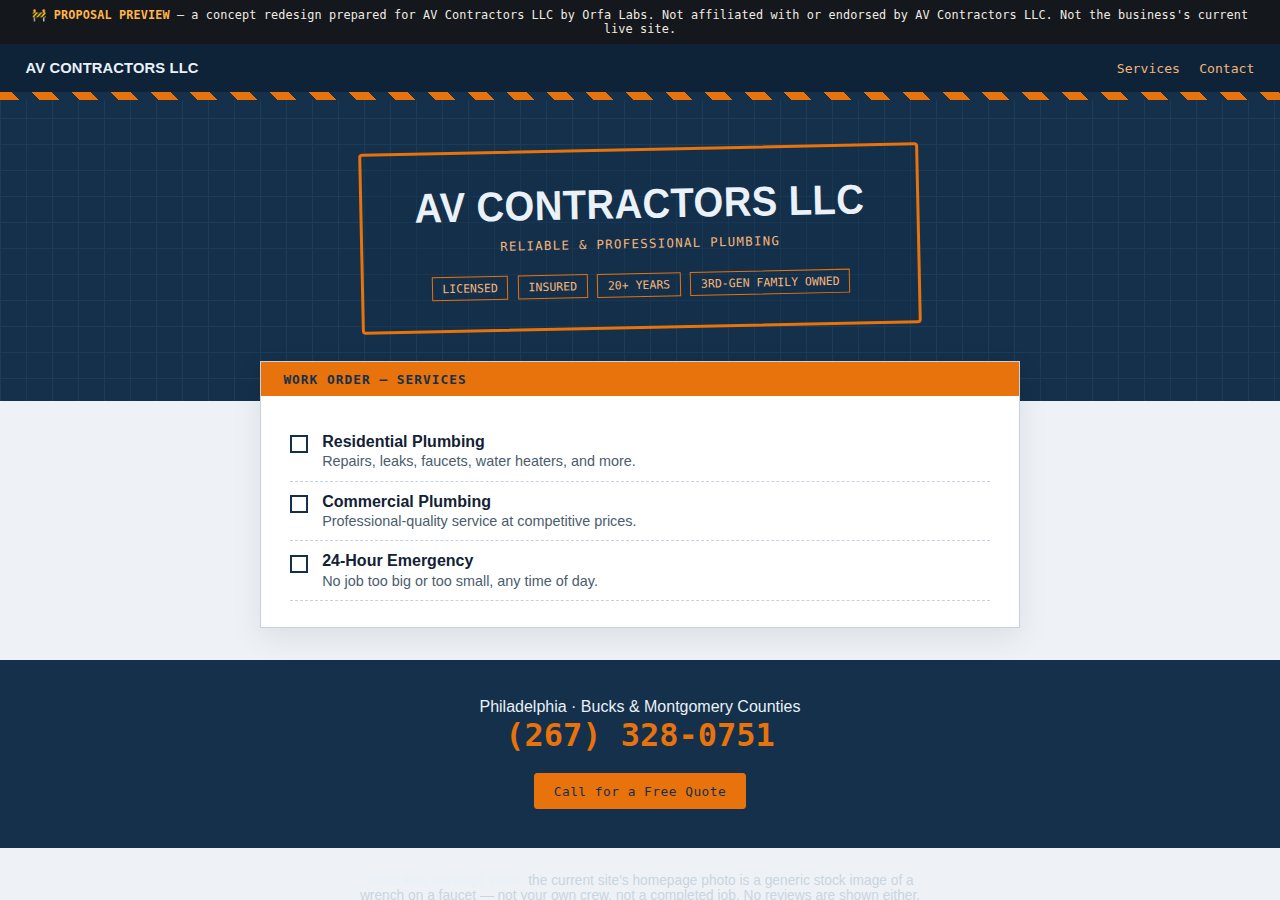 AV Contractors LLC Orfa Labs concept redesign screenshot