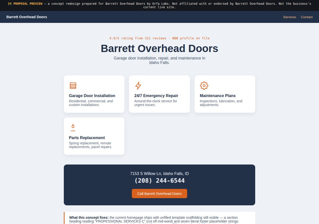 Barrett Overhead Doors Orfa Labs concept redesign screenshot
