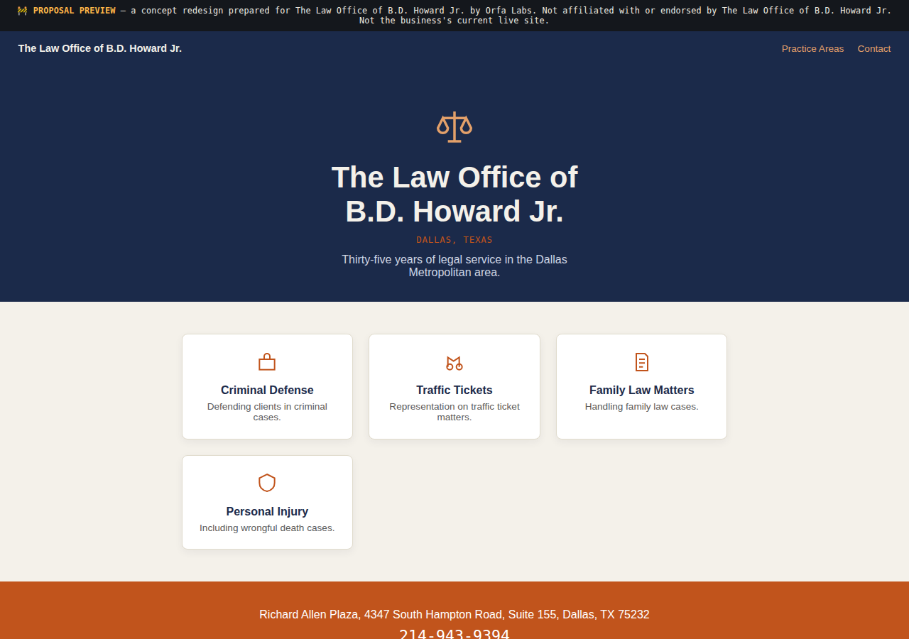 The Law Office of B.D. Howard Jr. Orfa Labs concept redesign screenshot