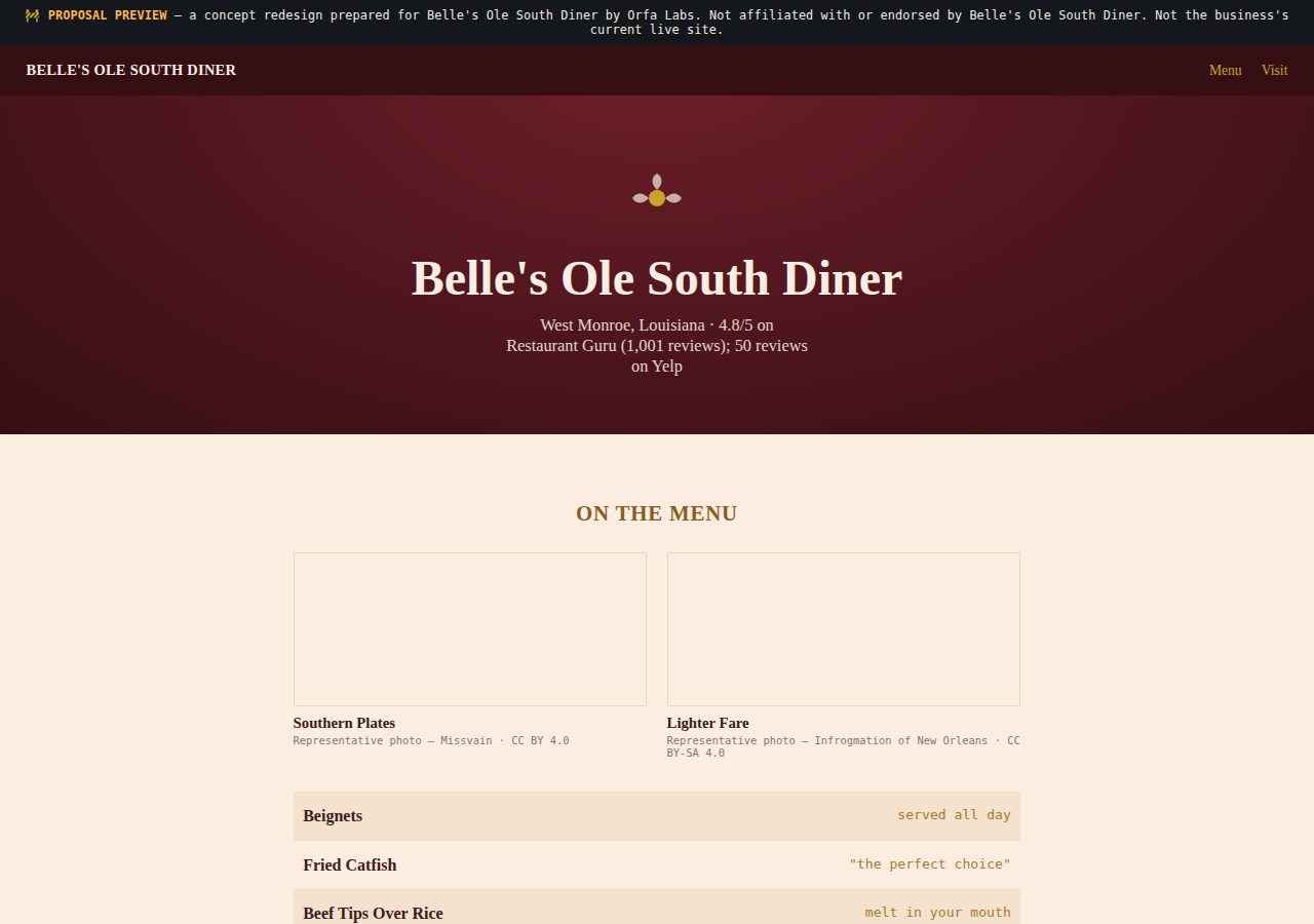 Belle's Ole South Diner Orfa Labs concept redesign screenshot