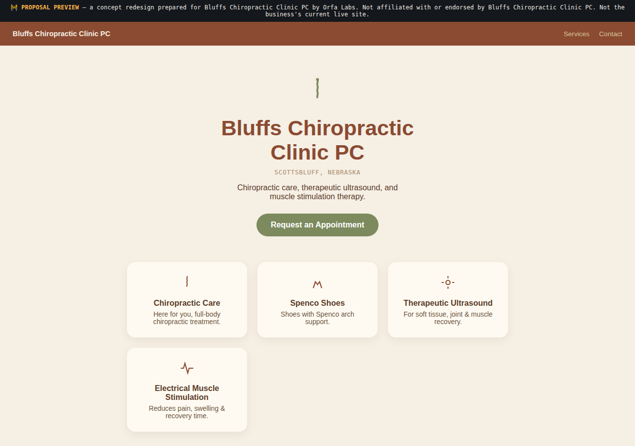 Bluffs Chiropractic Clinic PC Orfa Labs concept redesign screenshot