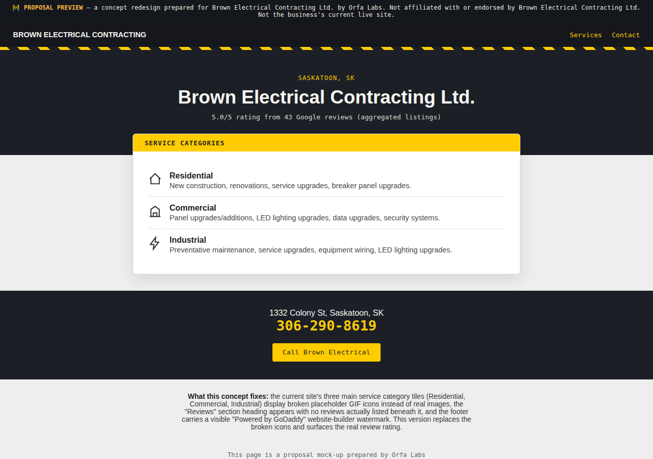 Brown Electrical Contracting Ltd. Orfa Labs concept redesign screenshot