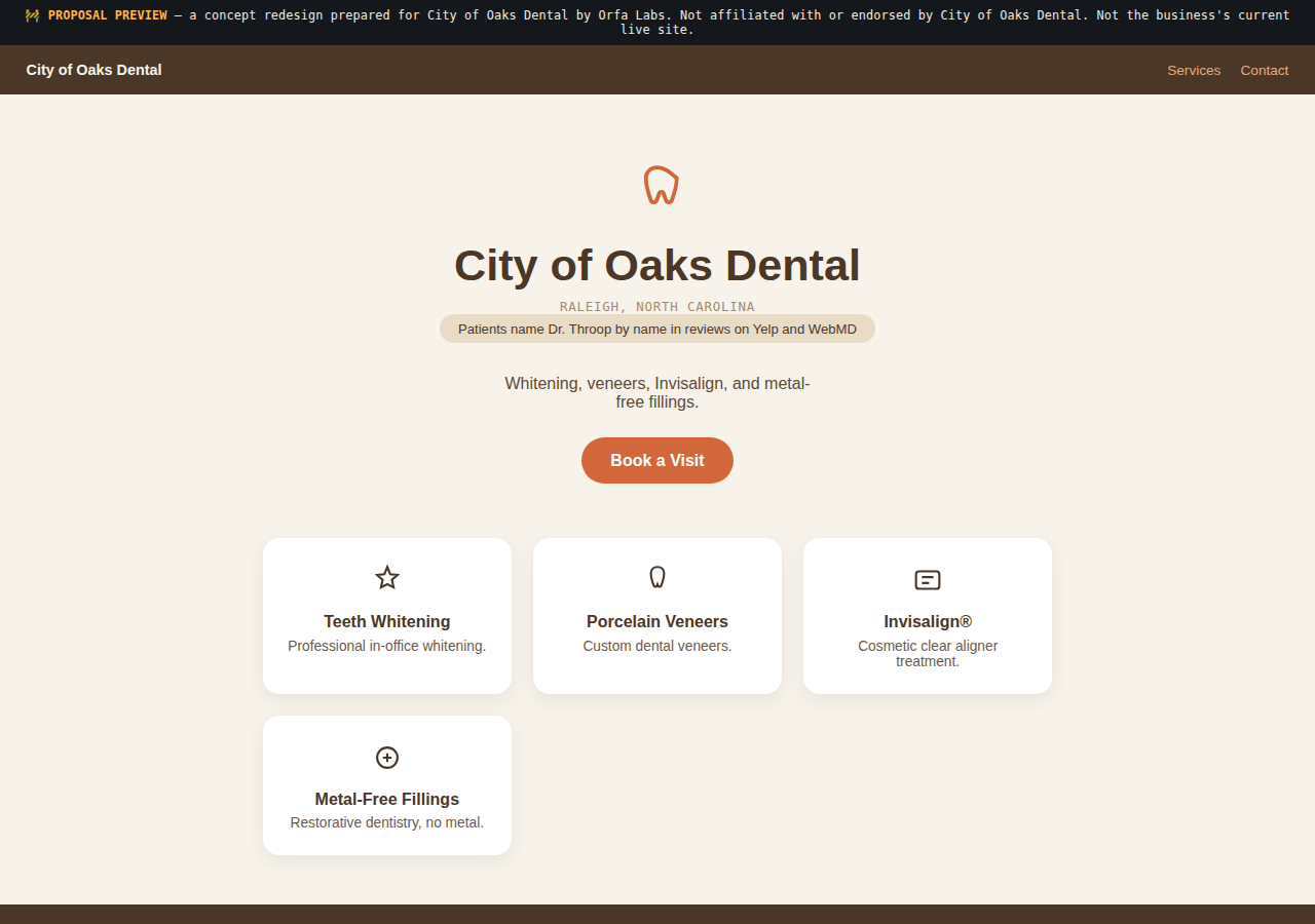 City of Oaks Dental Orfa Labs concept redesign screenshot