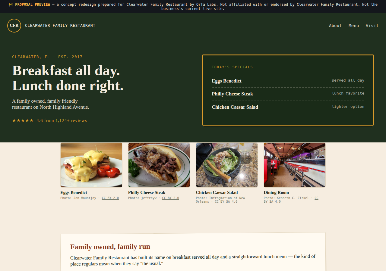 Clearwater Family Restaurant Orfa Labs concept redesign screenshot