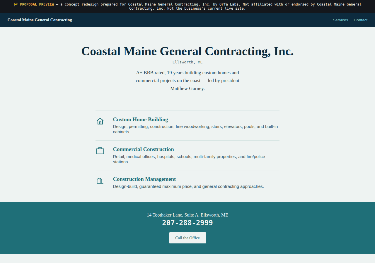 Coastal Maine General Contracting, Inc. Orfa Labs concept redesign screenshot
