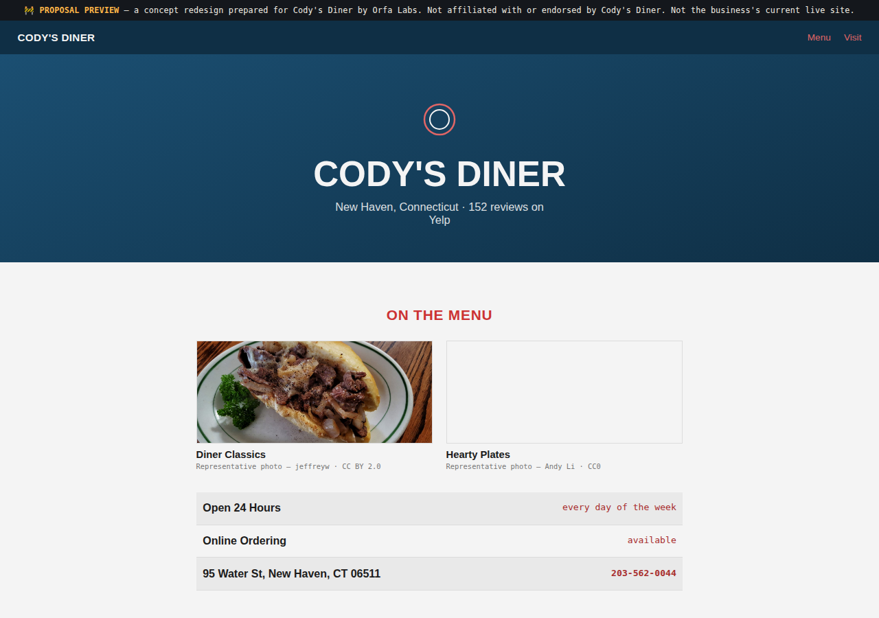 Cody's Diner Orfa Labs concept redesign screenshot