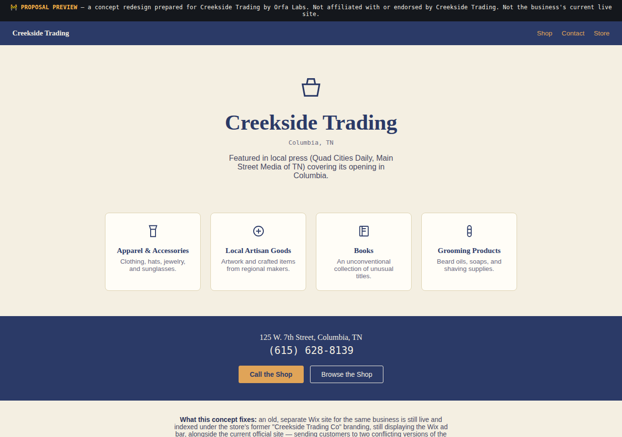 Creekside Trading Orfa Labs concept redesign screenshot