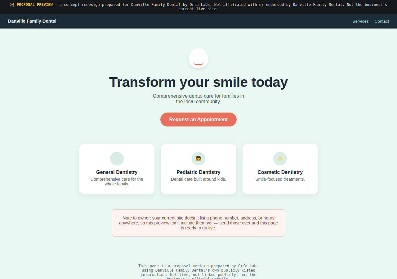 Danville Family Dental Orfa Labs concept redesign screenshot