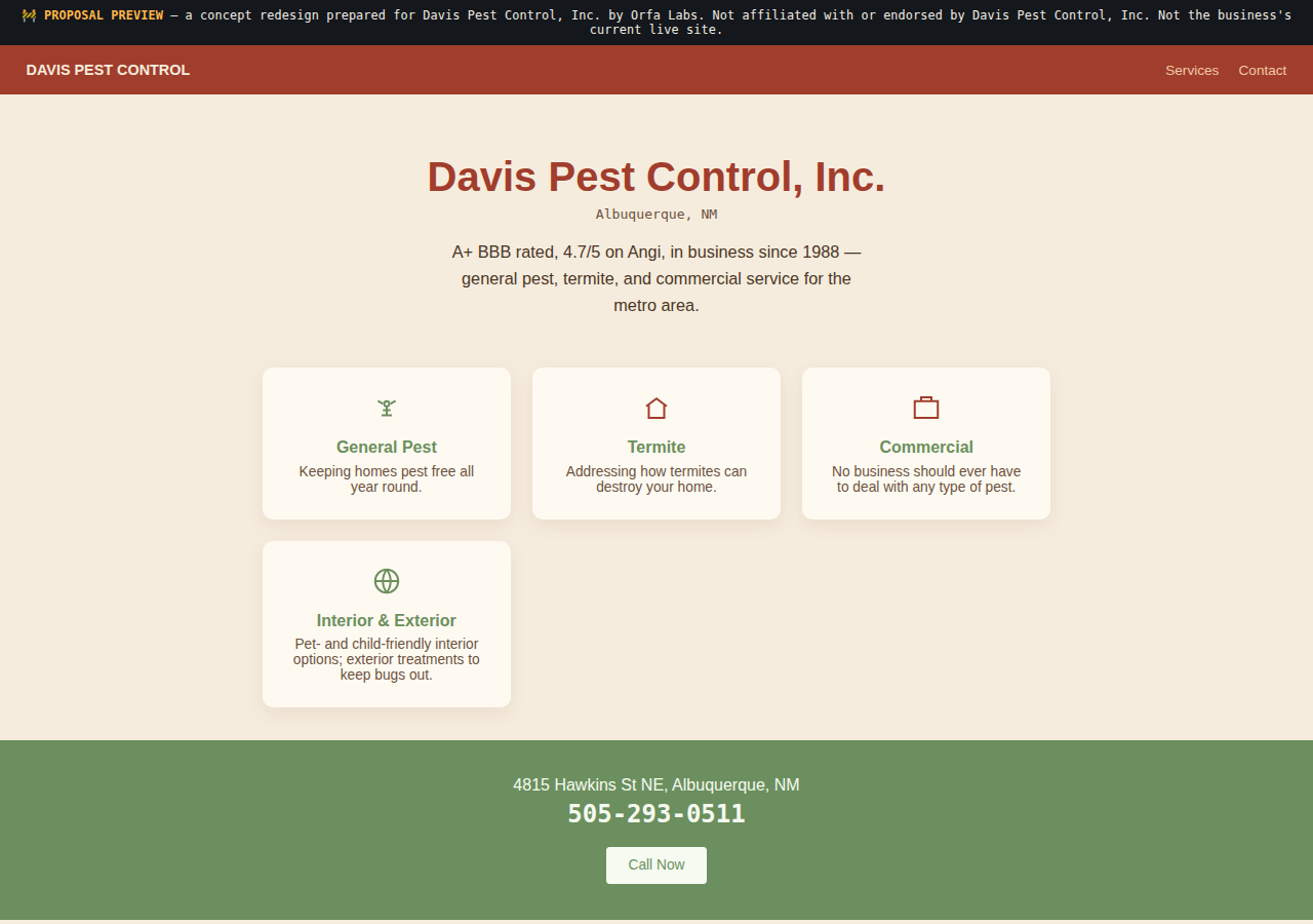 Davis Pest Control, Inc. Orfa Labs concept redesign screenshot