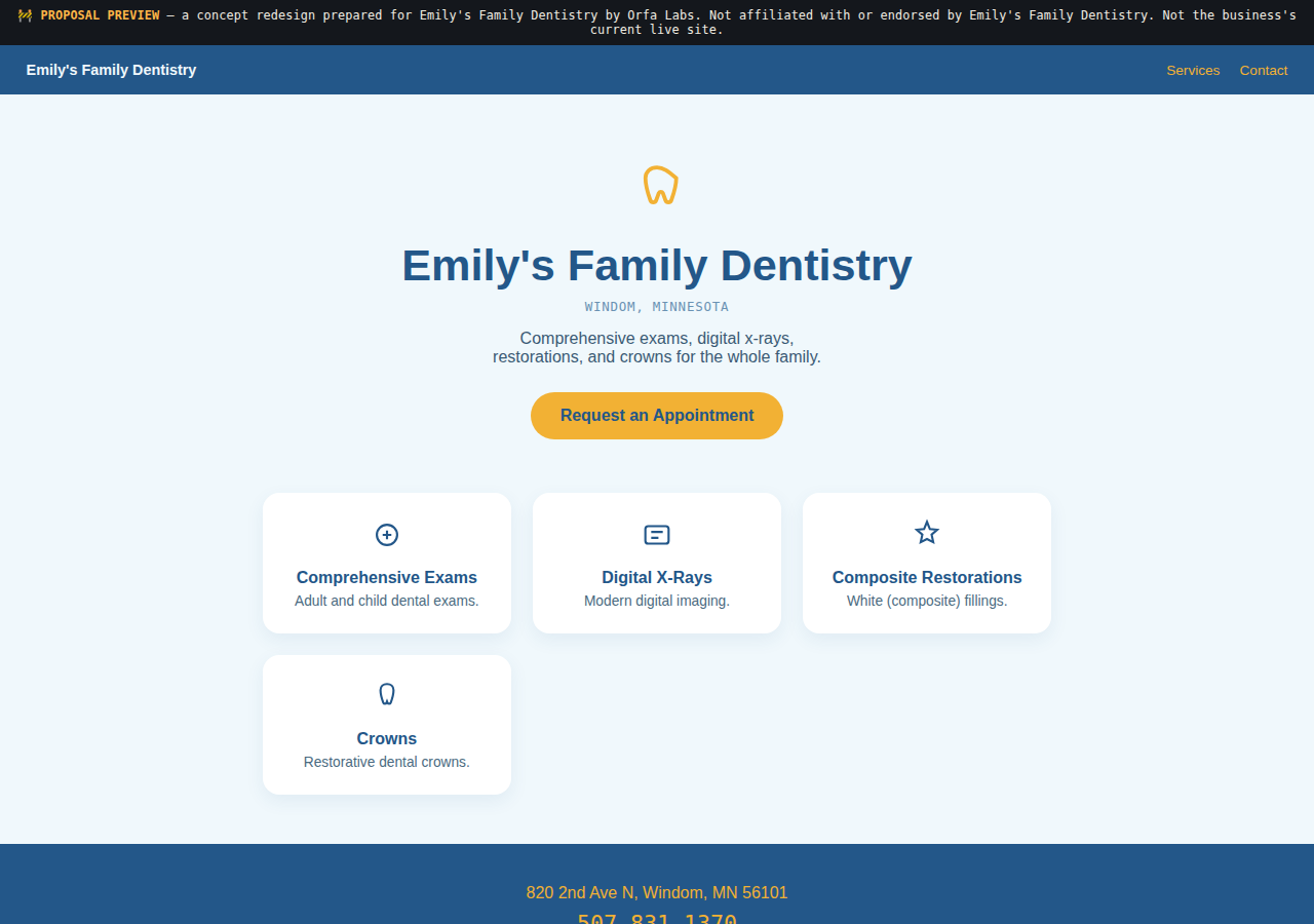 Emily's Family Dentistry Orfa Labs concept redesign screenshot