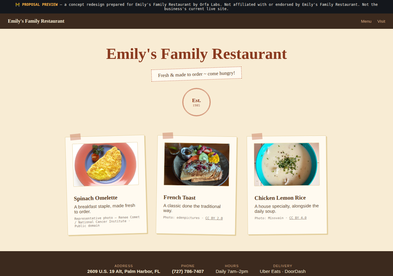 Emily's Family Restaurant Orfa Labs concept redesign screenshot