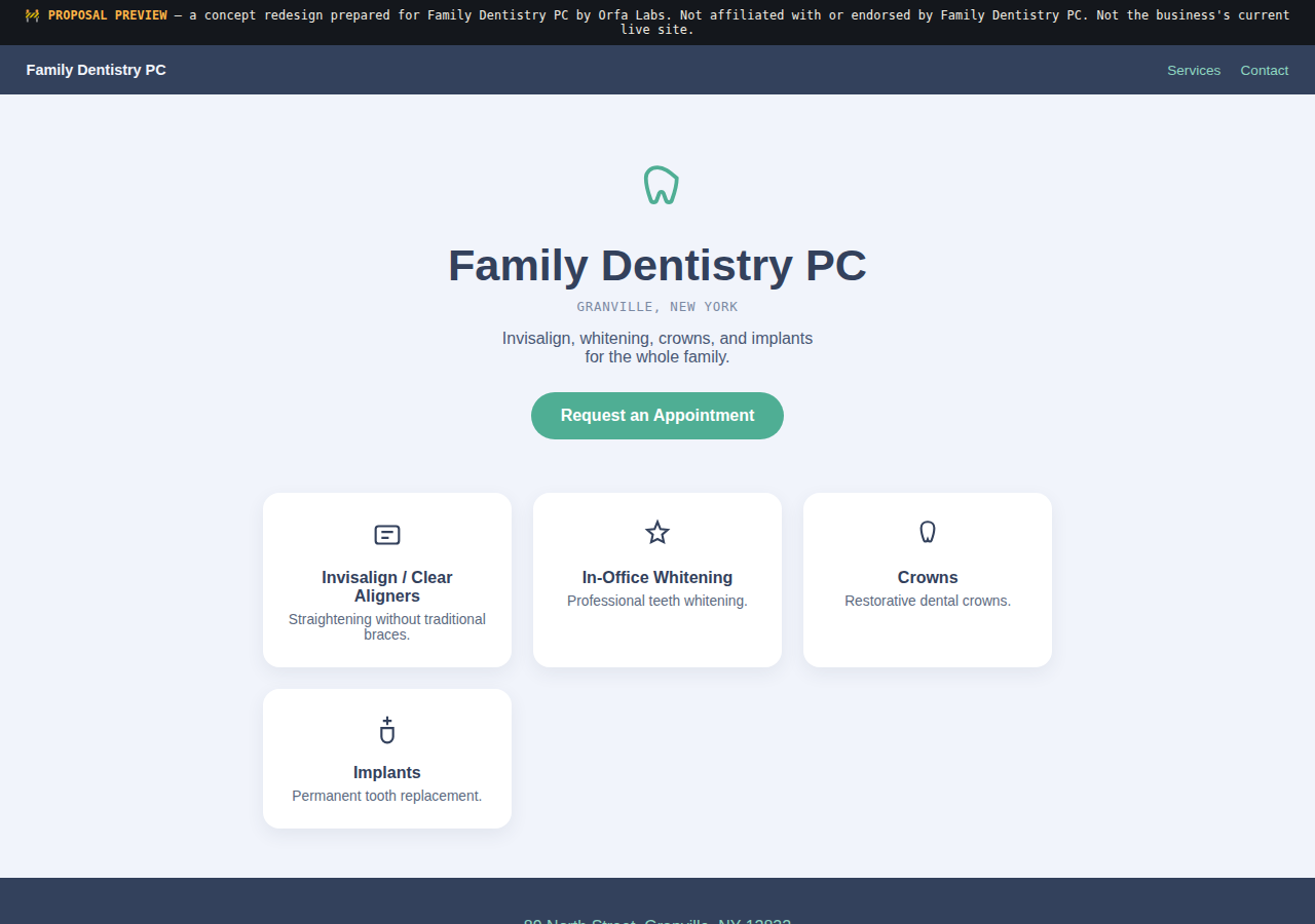 Family Dentistry PC Orfa Labs concept redesign screenshot