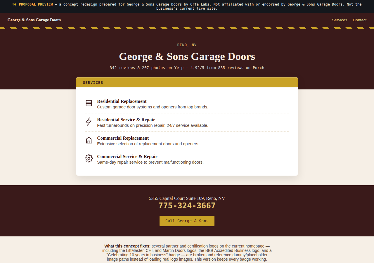 George & Sons Garage Doors Orfa Labs concept redesign screenshot