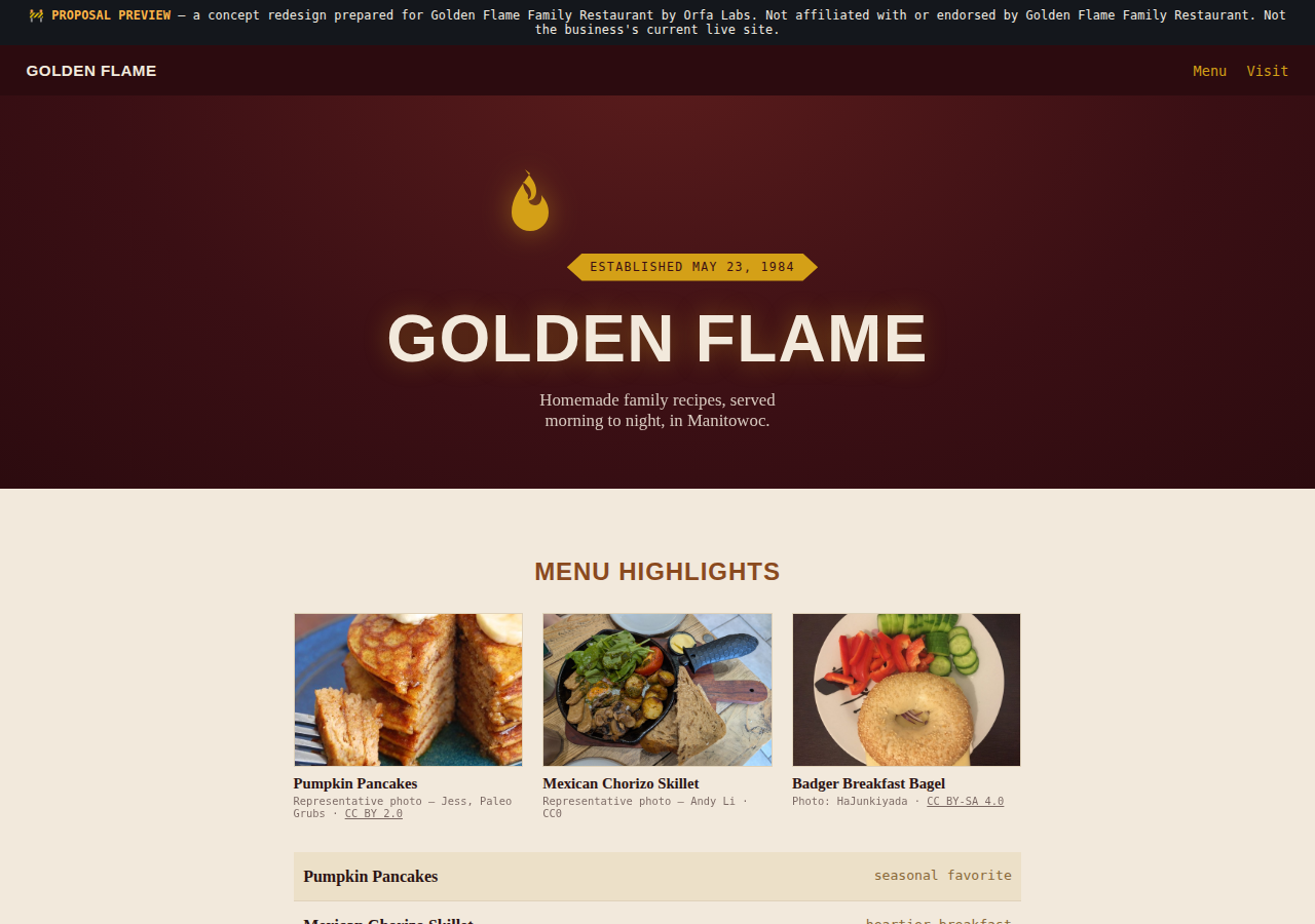 Golden Flame Family Restaurant Orfa Labs concept redesign screenshot