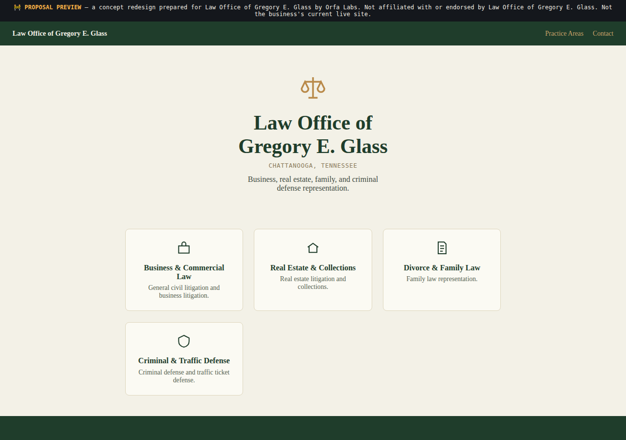Law Office of Gregory E. Glass Orfa Labs concept redesign screenshot