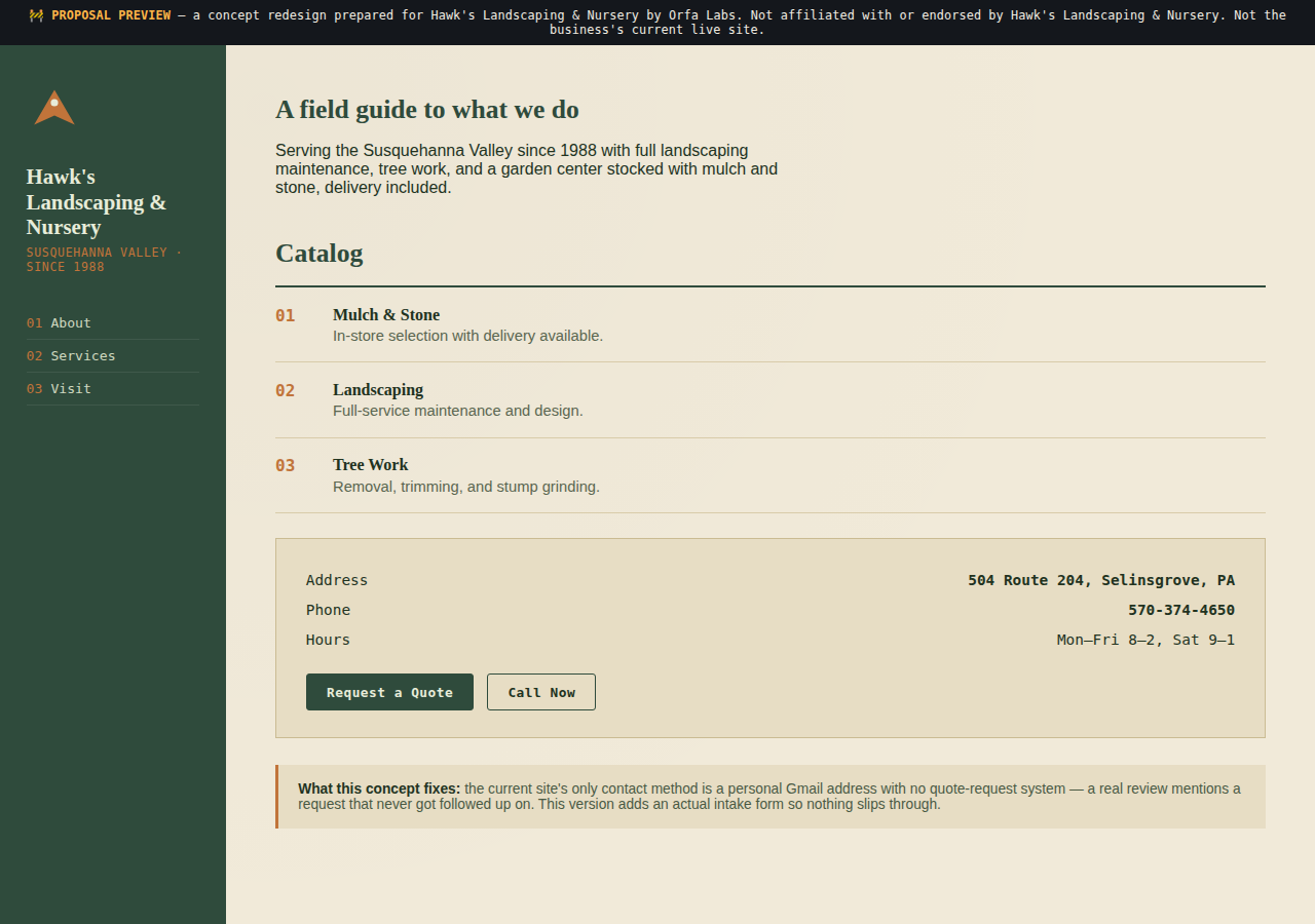 Hawk's Landscaping & Nursery Orfa Labs concept redesign screenshot
