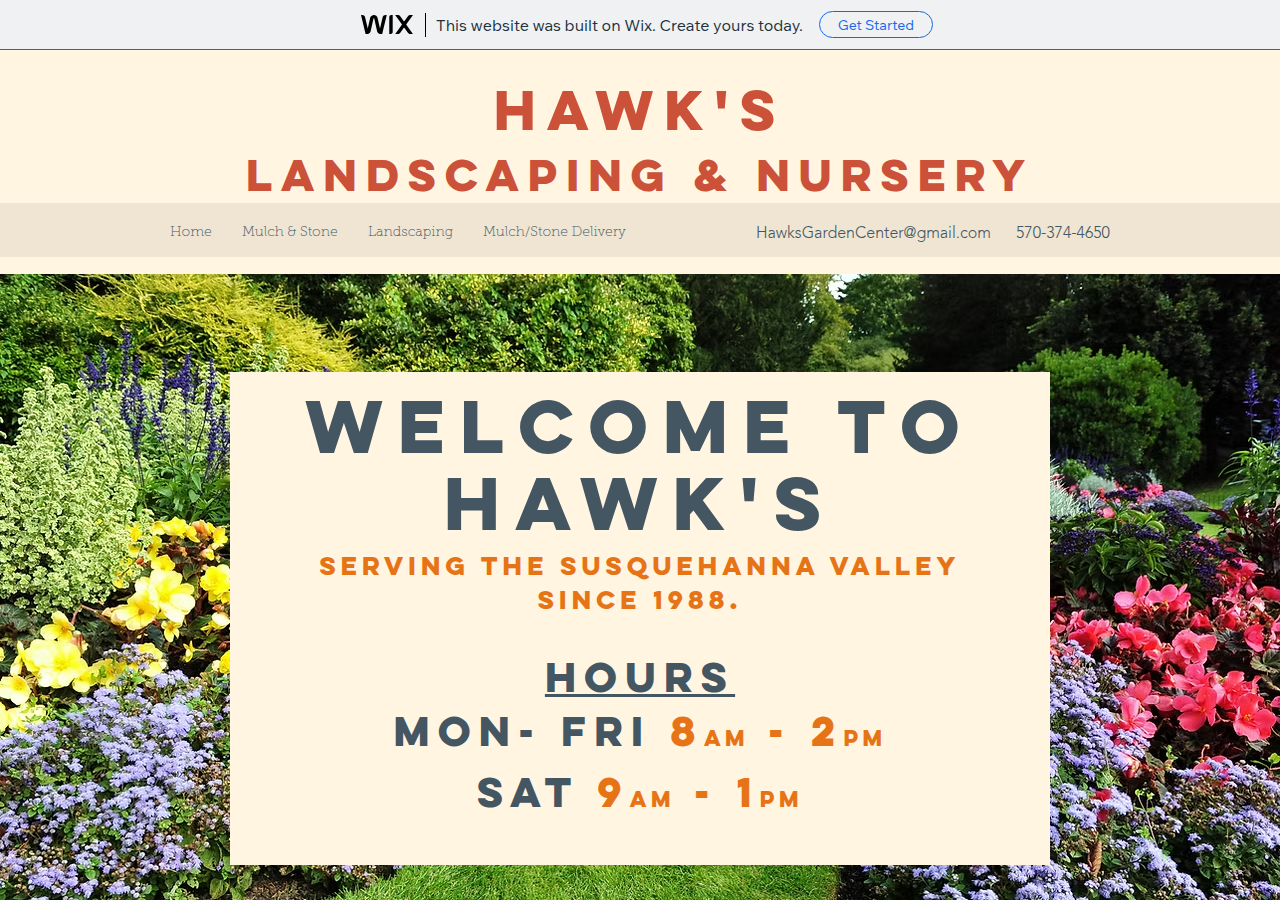 Hawk's Landscaping & Nursery current live website screenshot