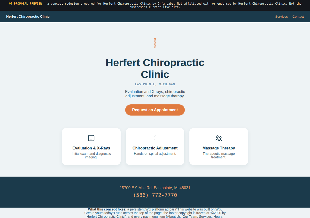Herfert Chiropractic Clinic Orfa Labs concept redesign screenshot