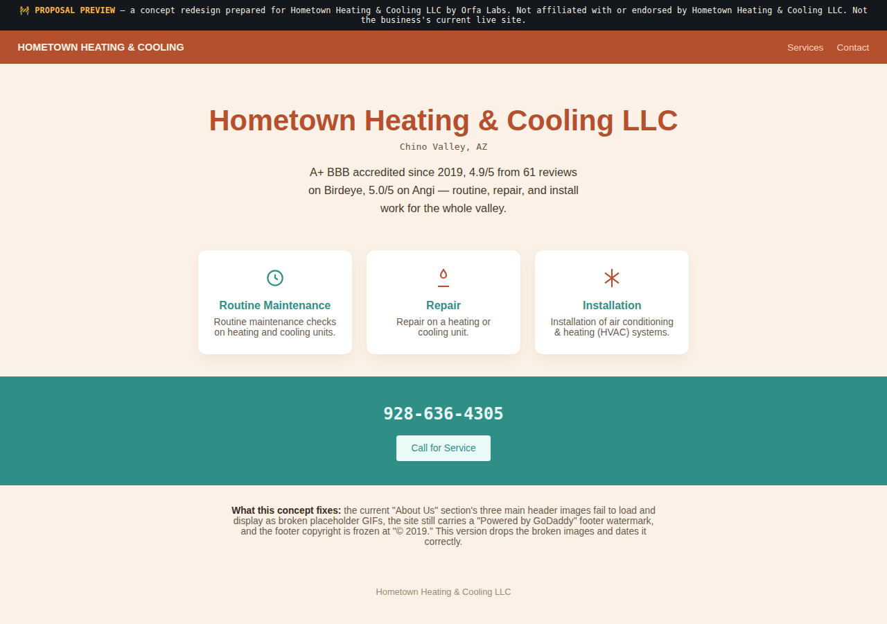 Hometown Heating & Cooling LLC Orfa Labs concept redesign screenshot