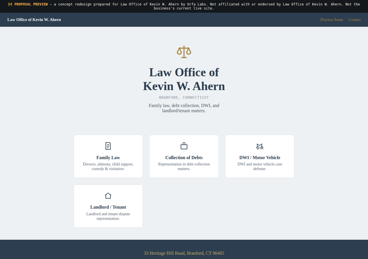 Law Office of Kevin W. Ahern Orfa Labs concept redesign screenshot