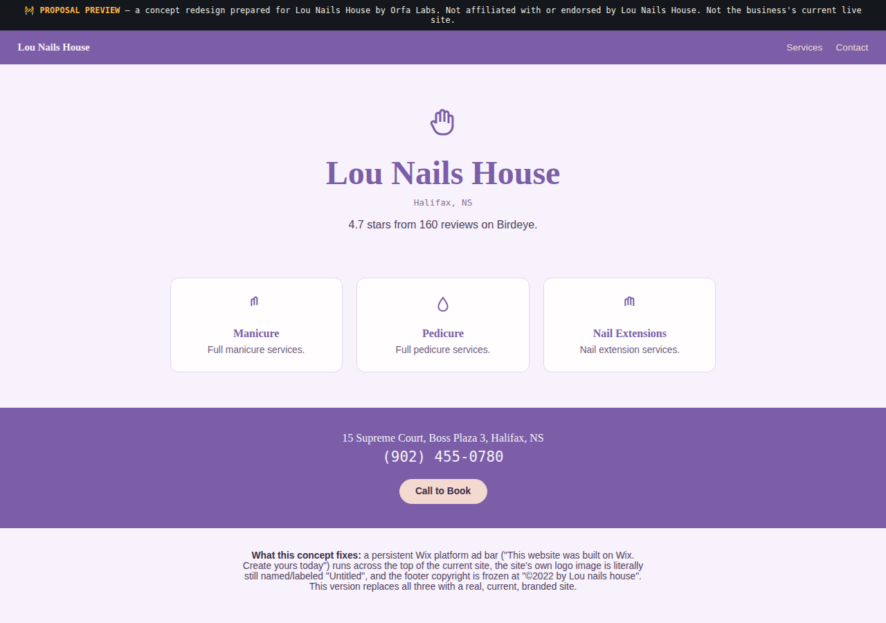 Lou Nails House Orfa Labs concept redesign screenshot