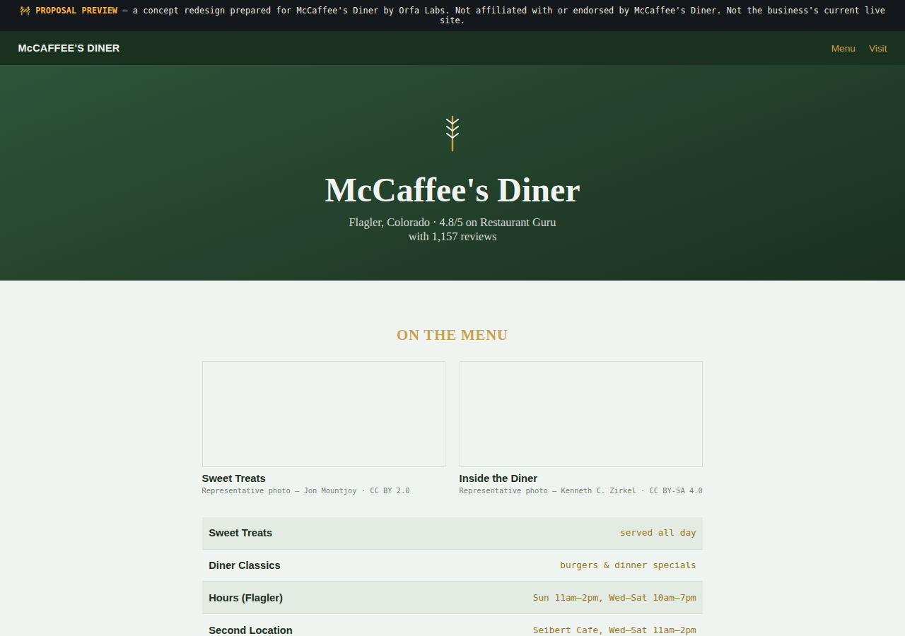 McCaffee's Diner Orfa Labs concept redesign screenshot