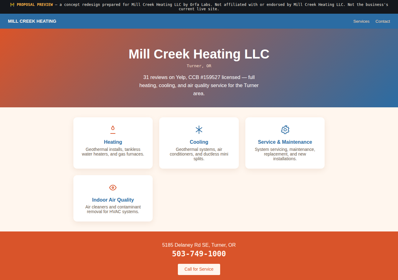 Mill Creek Heating LLC Orfa Labs concept redesign screenshot