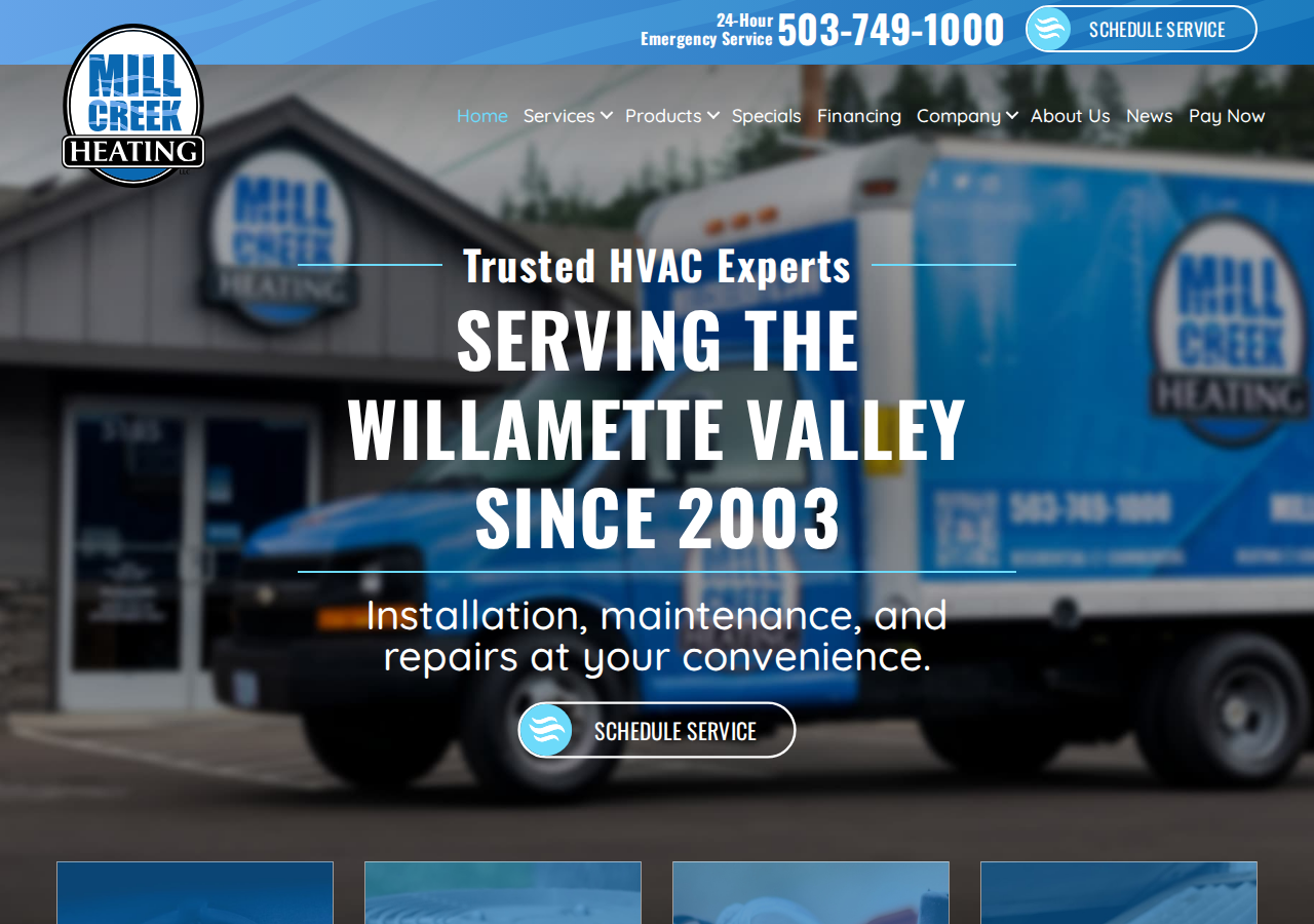 Mill Creek Heating LLC current live website screenshot