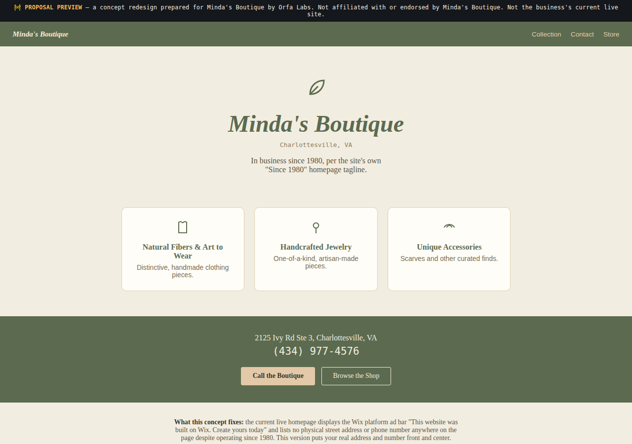 Minda's Boutique Orfa Labs concept redesign screenshot
