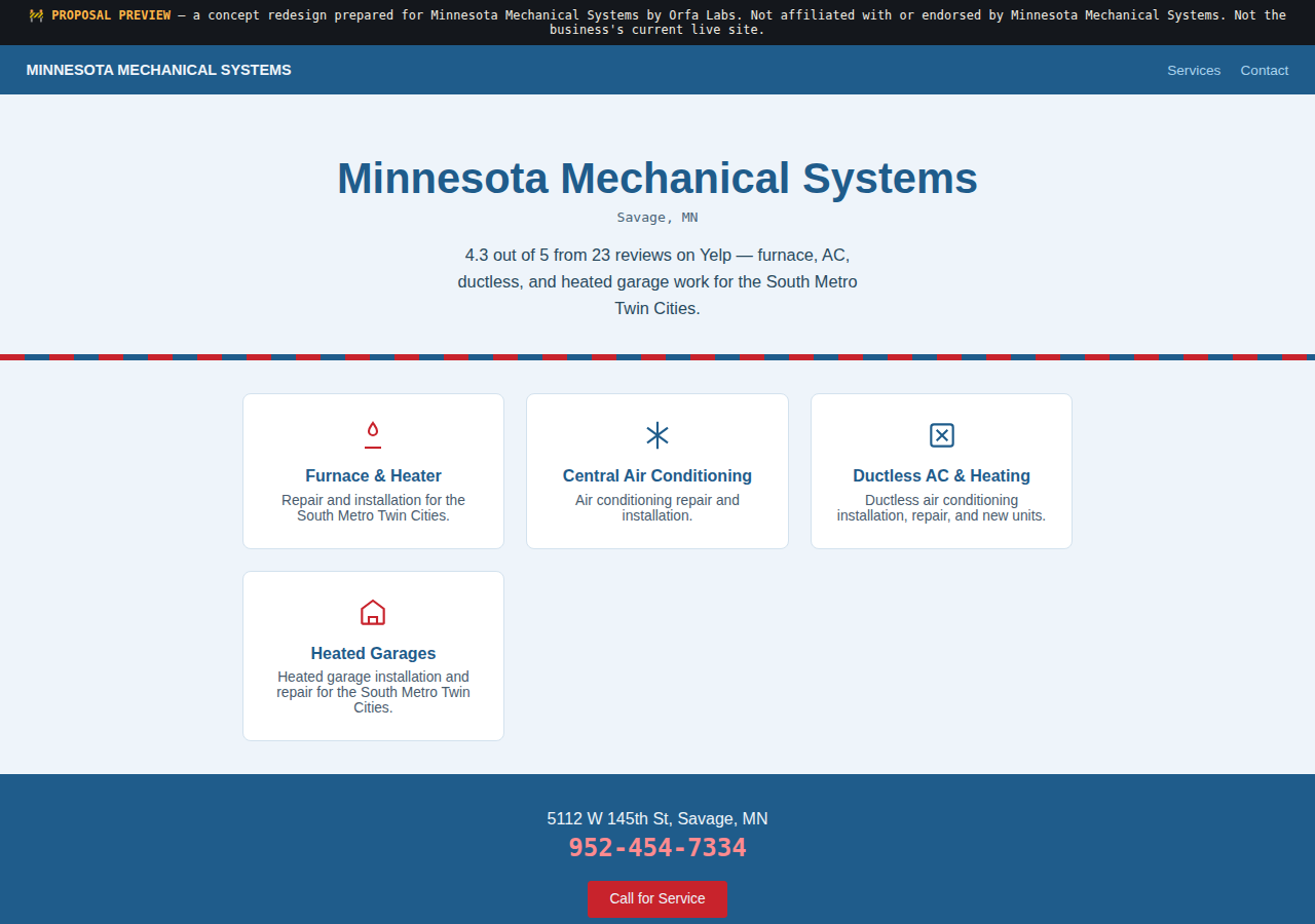 Minnesota Mechanical Systems Orfa Labs concept redesign screenshot