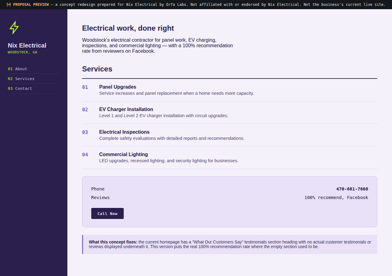 Nix Electrical Orfa Labs concept redesign screenshot