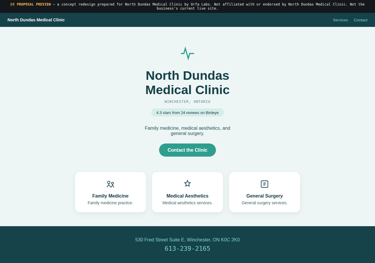 North Dundas Medical Clinic Orfa Labs concept redesign screenshot