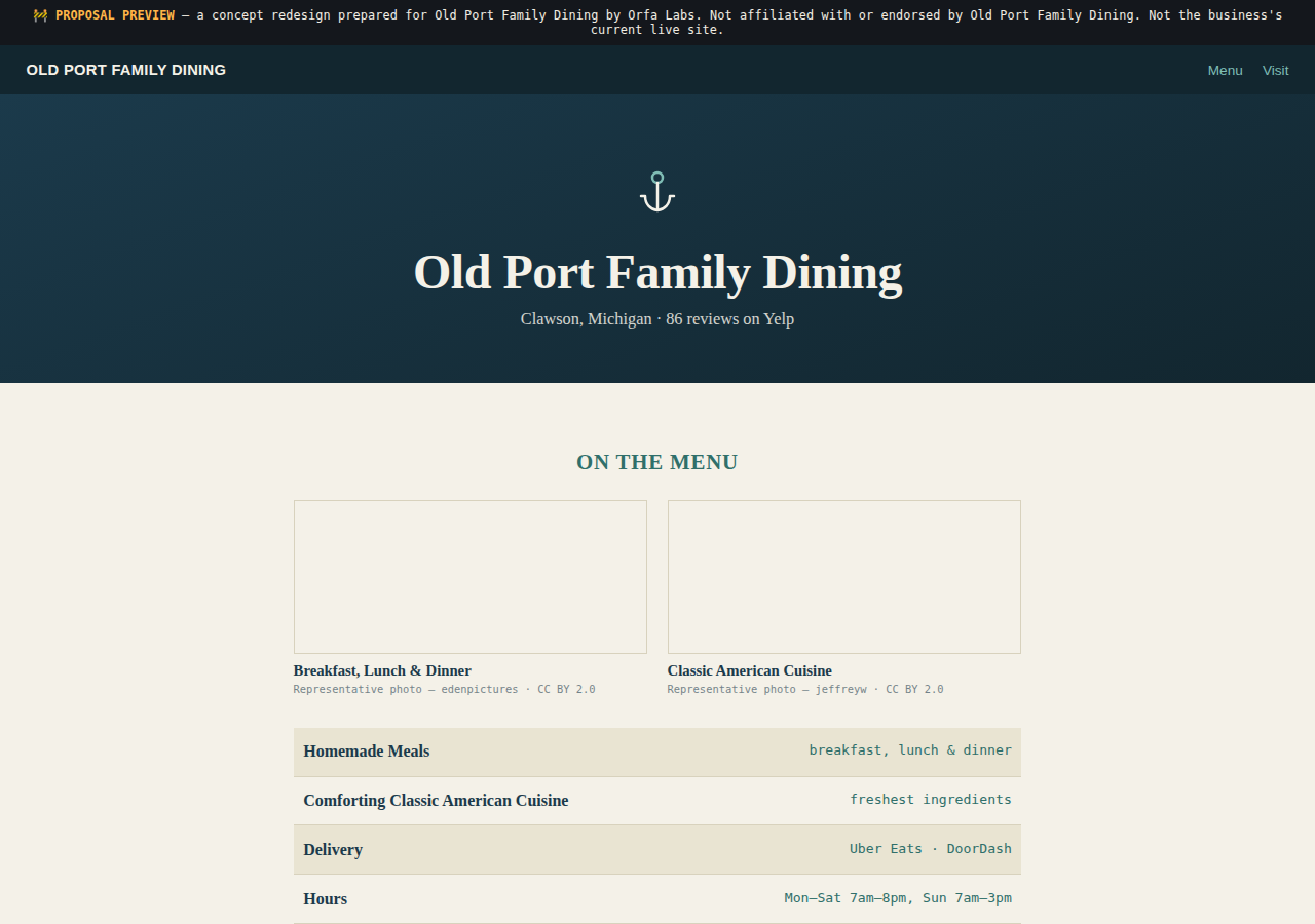 Old Port Family Dining Orfa Labs concept redesign screenshot