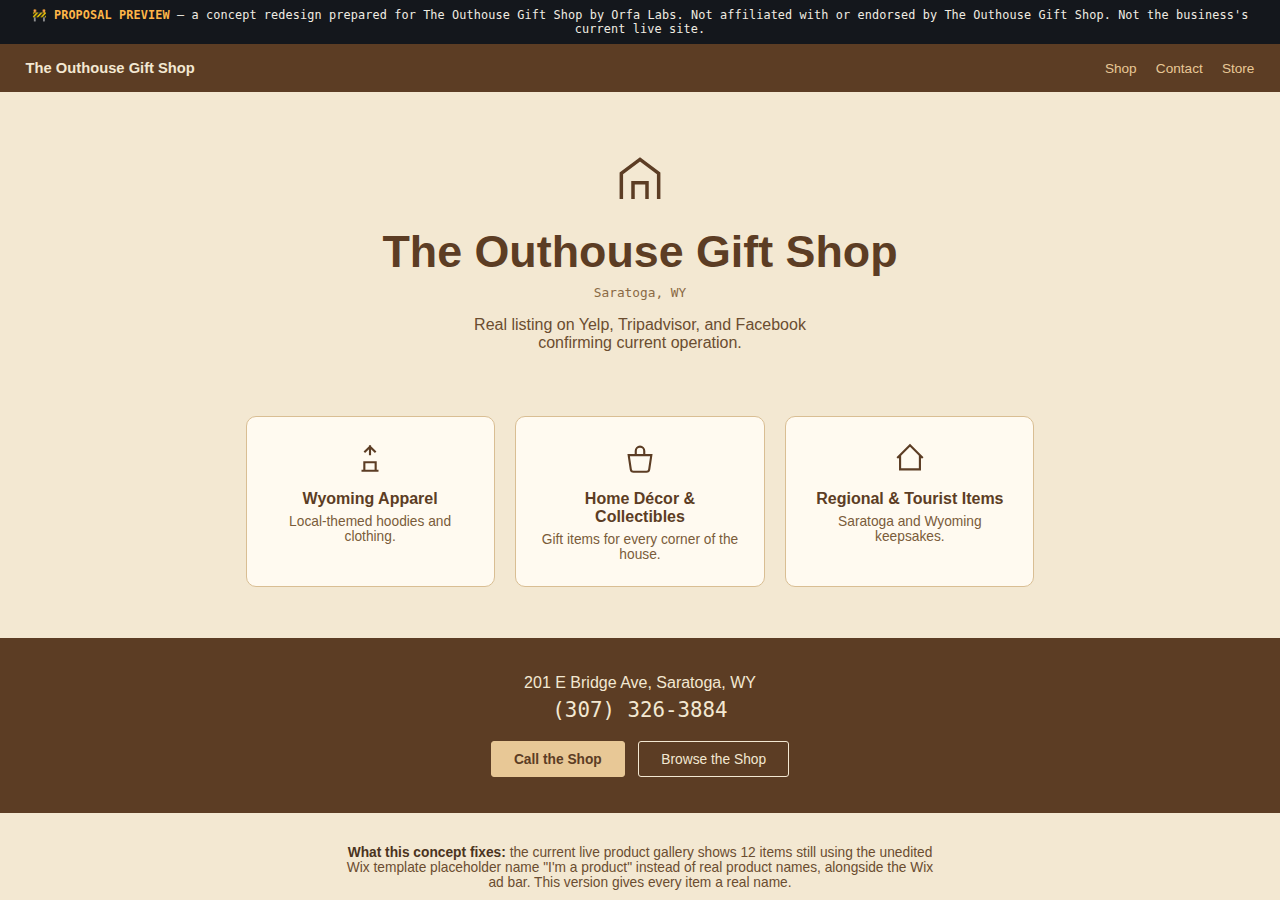 The Outhouse Gift Shop Orfa Labs concept redesign screenshot