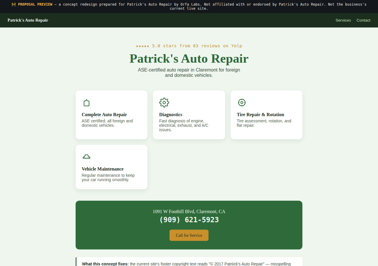 Patrick's Auto Repair Orfa Labs concept redesign screenshot