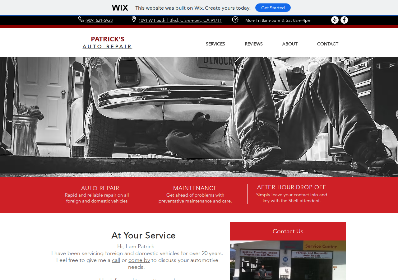 Patrick's Auto Repair current live website screenshot