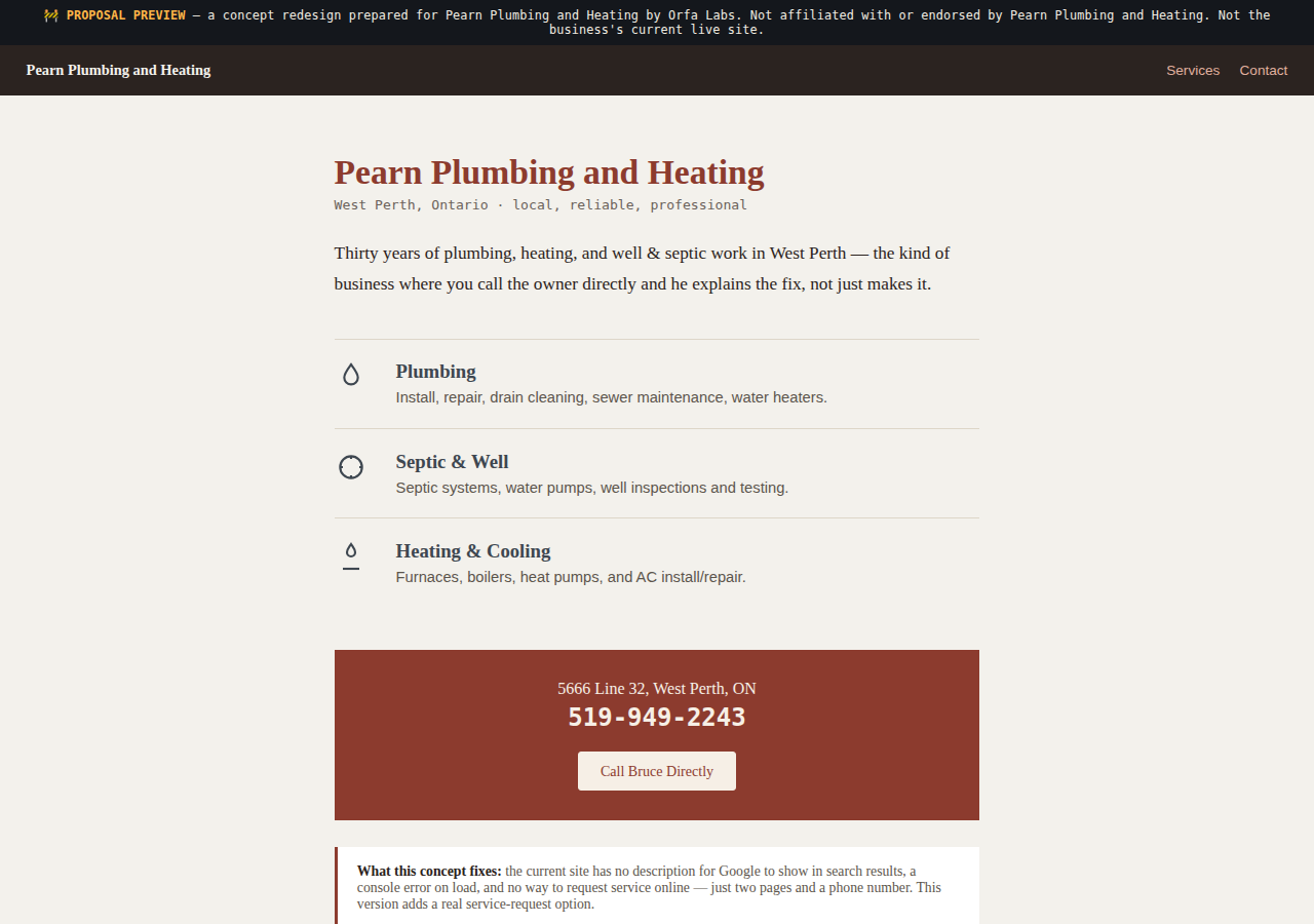 Pearn Plumbing and Heating Orfa Labs concept redesign screenshot