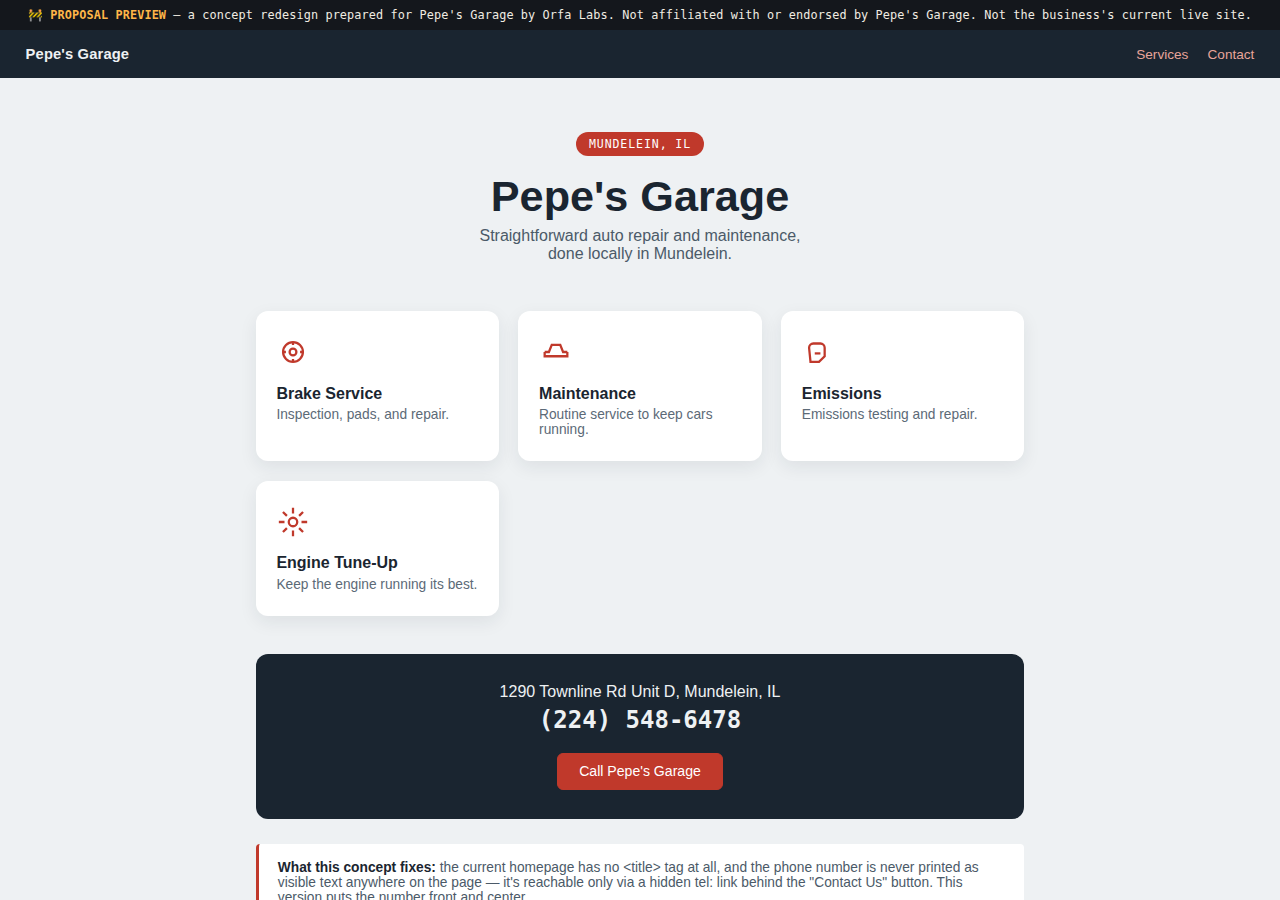 Pepe's Garage Orfa Labs concept redesign screenshot