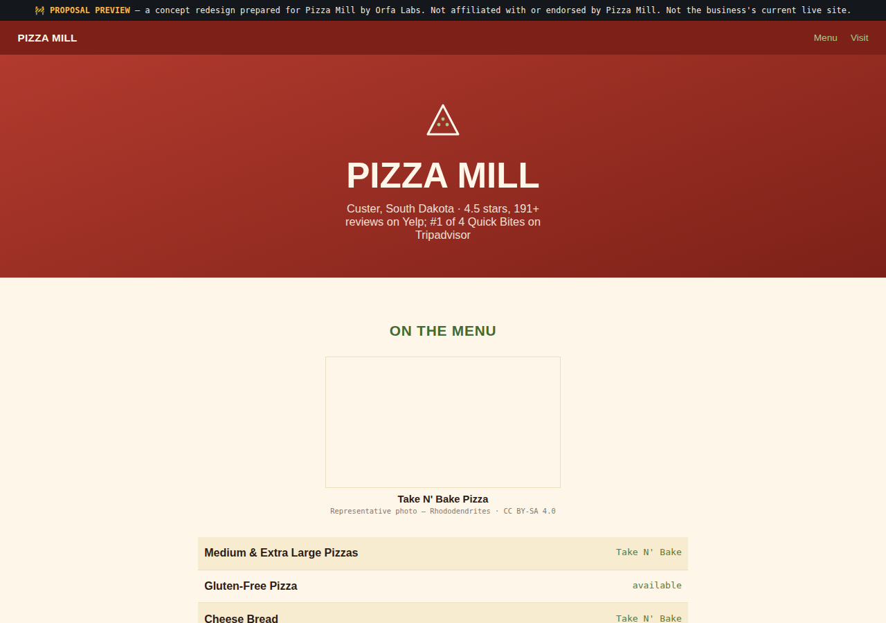 Pizza Mill Orfa Labs concept redesign screenshot