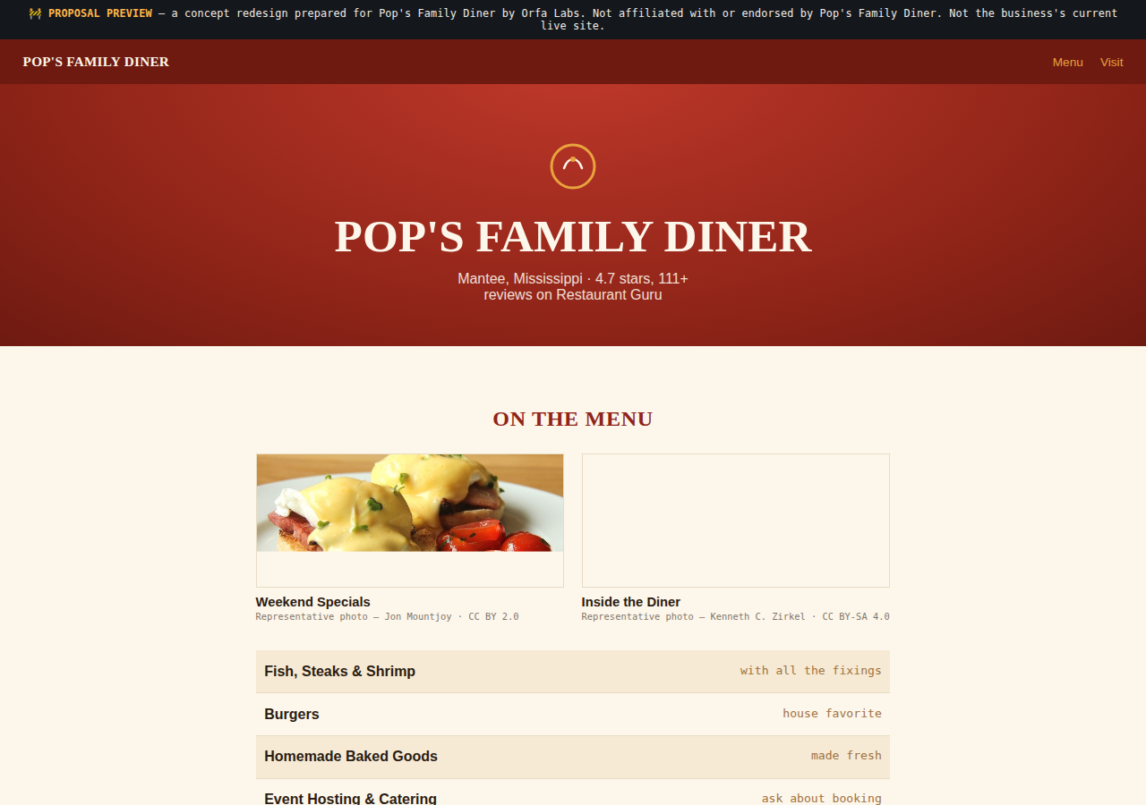Pop's Family Diner Orfa Labs concept redesign screenshot