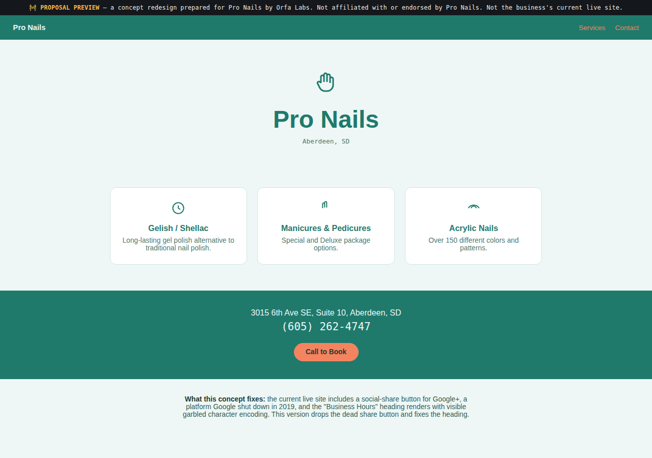 Pro Nails Orfa Labs concept redesign screenshot