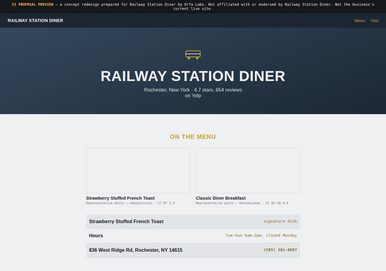 Railway Station Diner Orfa Labs concept redesign screenshot