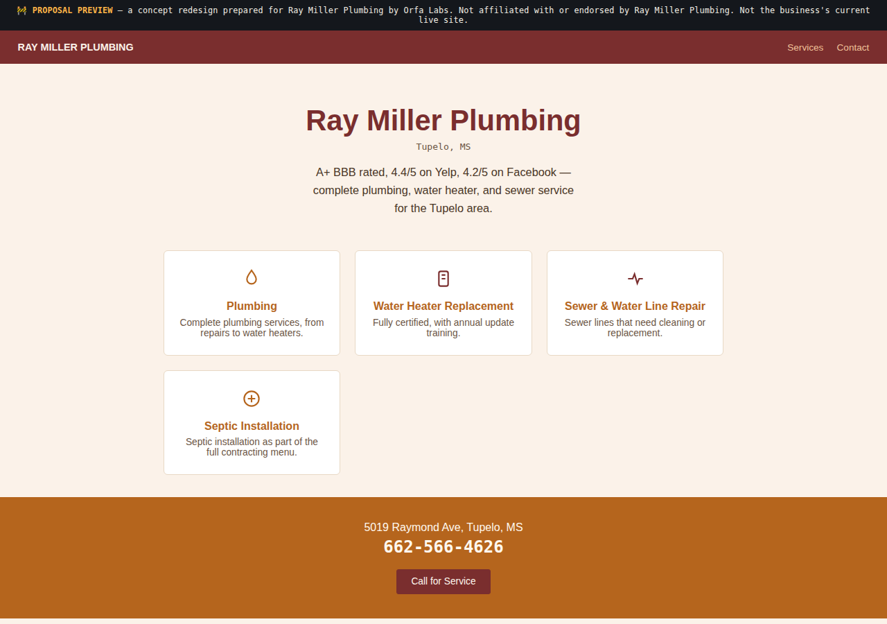 Ray Miller Plumbing Orfa Labs concept redesign screenshot
