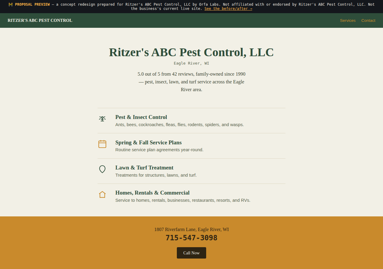 Ritzer's ABC Pest Control Orfa Labs concept redesign screenshot