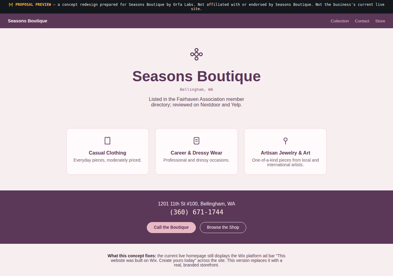 Seasons Boutique Orfa Labs concept redesign screenshot