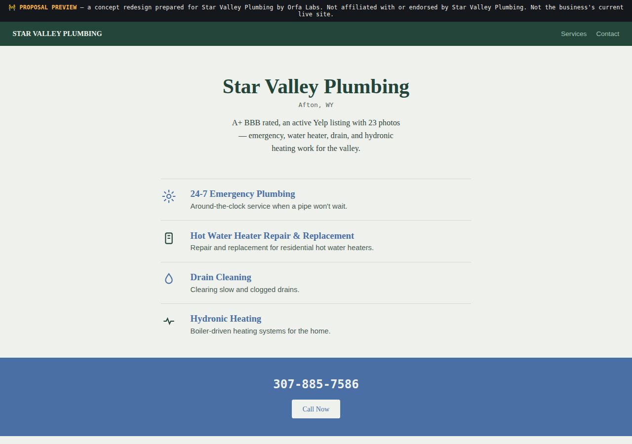 Star Valley Plumbing Orfa Labs concept redesign screenshot
