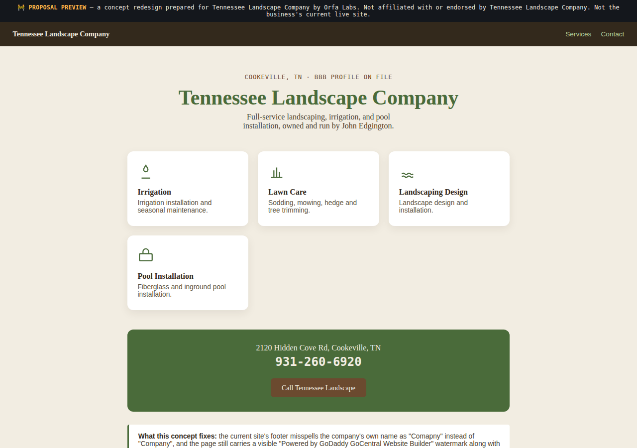 Tennessee Landscape Company Orfa Labs concept redesign screenshot