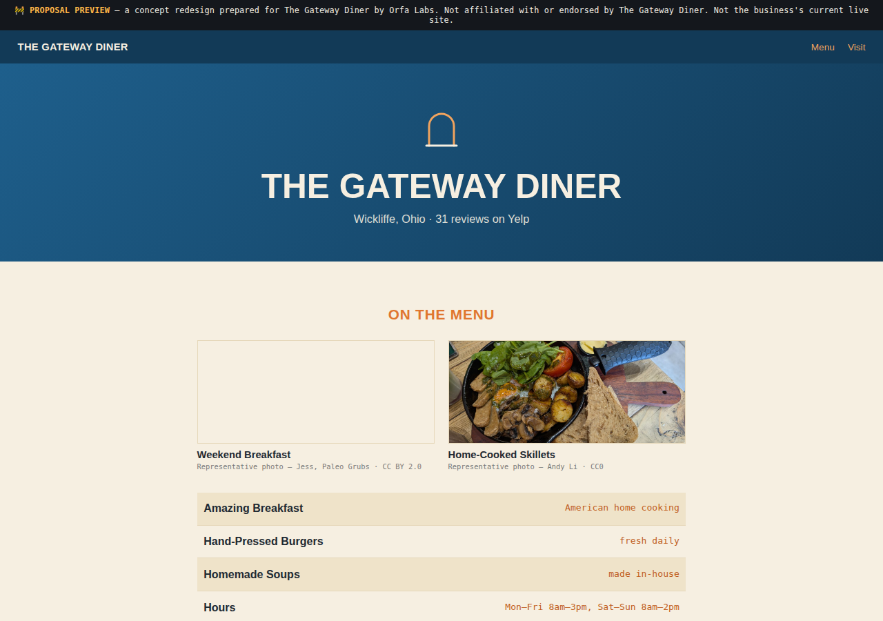 The Gateway Diner Orfa Labs concept redesign screenshot
